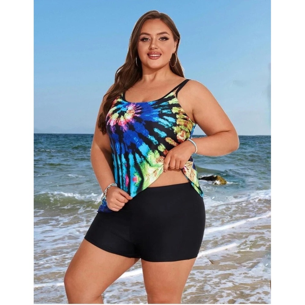Hanna Nikole‎ Plus Size 24W Tie Dye Tankini Set Handkerchief Top Boy Shorts NEW